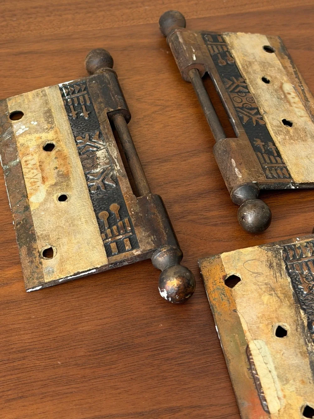 VTG Eastlake Ornate Cast Iron Hinges Pair w/ Ball Finial Pins Victorian Hardware